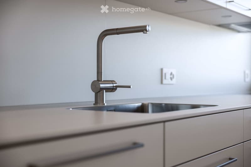 Modern kitchen with stainless steel sink, faucet, and white cabinets.