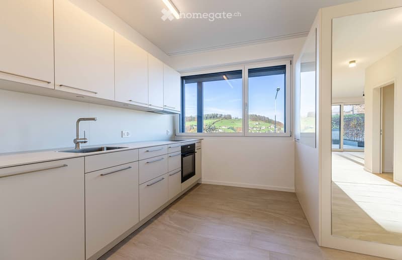 Modern kitchen with white cabinets, wooden floor, stainless steel sink, and a large window.