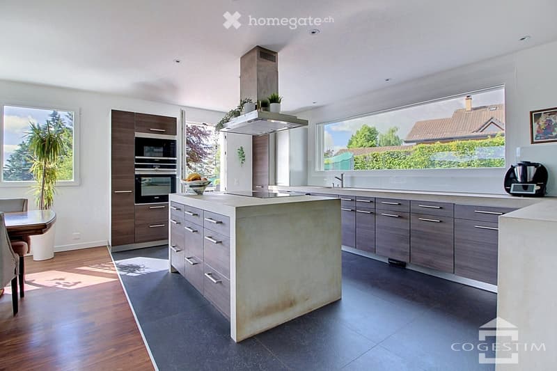 Modern kitchen with a central island, dark wood cabinets, stainless steel appliances, and large windows overlooking a garden.