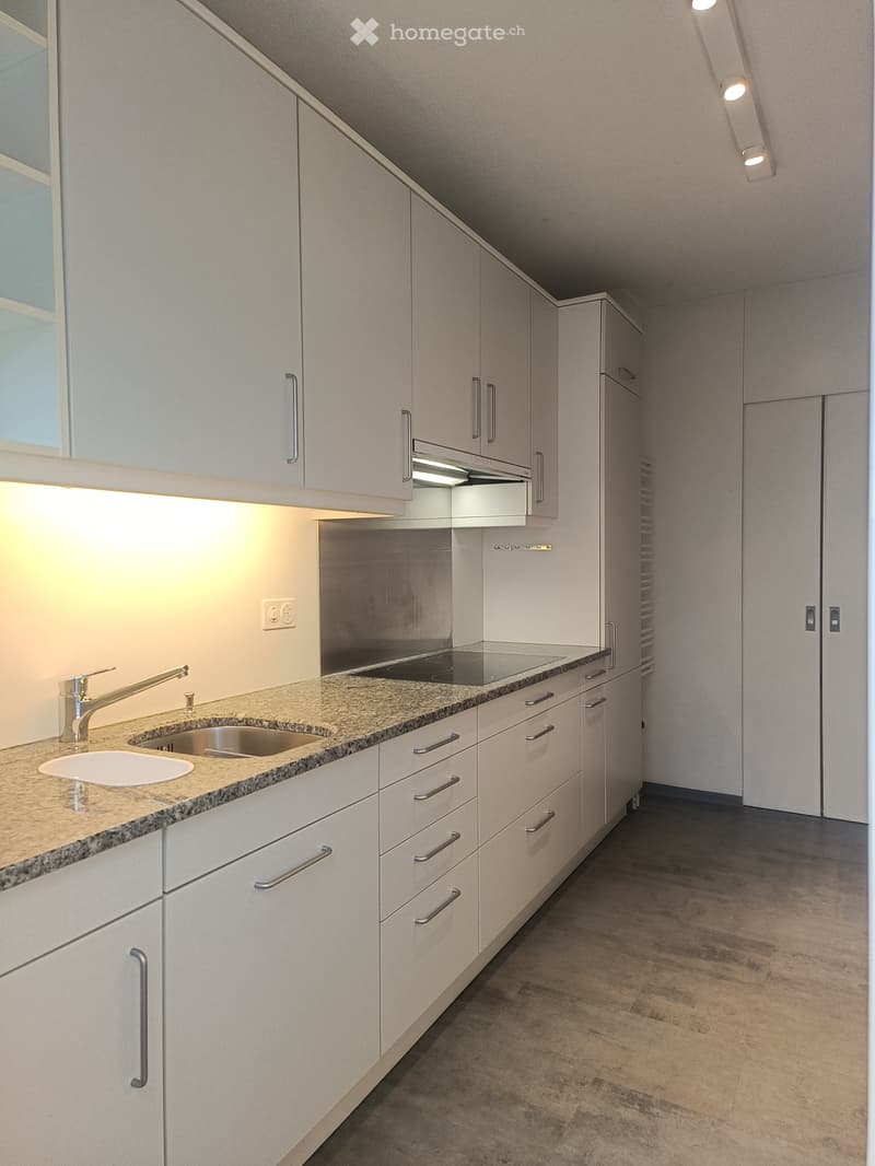 Modern kitchen with white cabinets, granite countertop, stainless steel sink, and built-in oven. Features sleek design with integrated lighting and ample storage space.