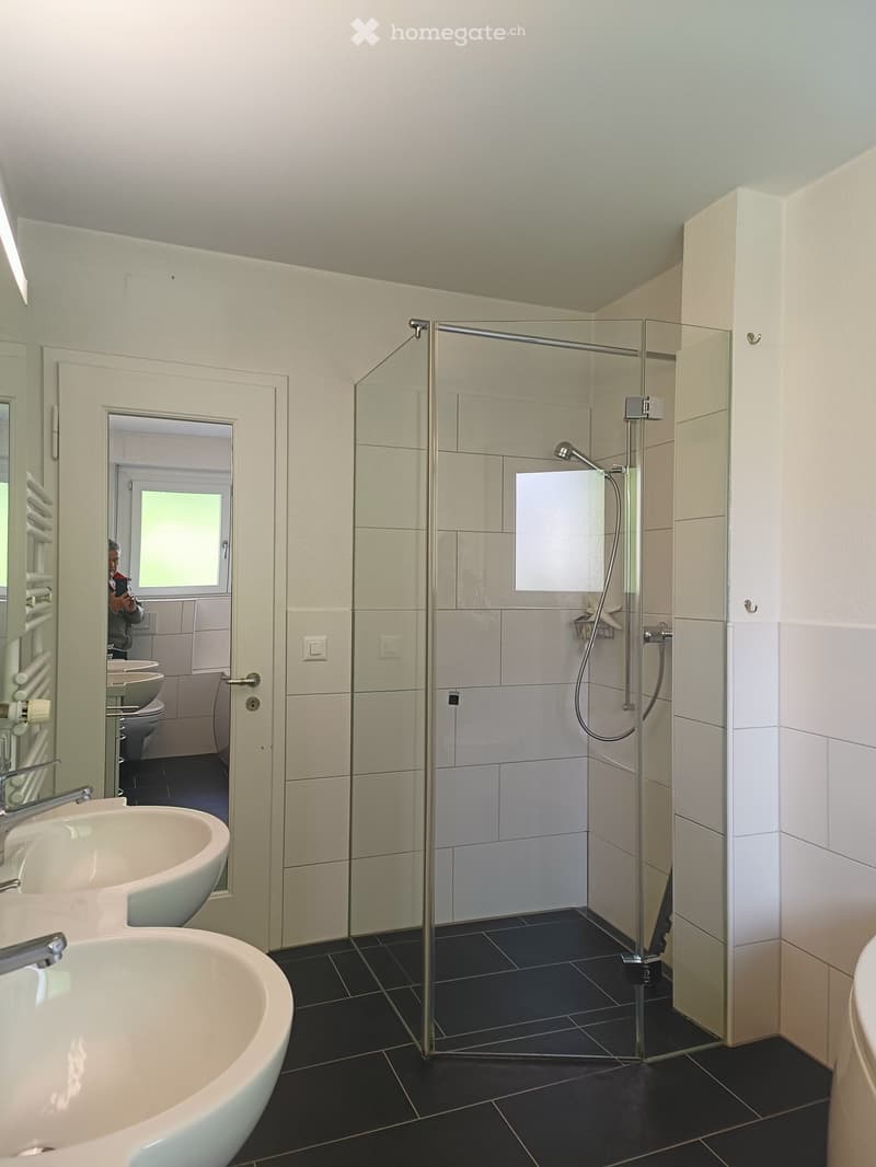 Modern bathroom with two sinks, a glass-enclosed shower, and a toilet visible in the background.