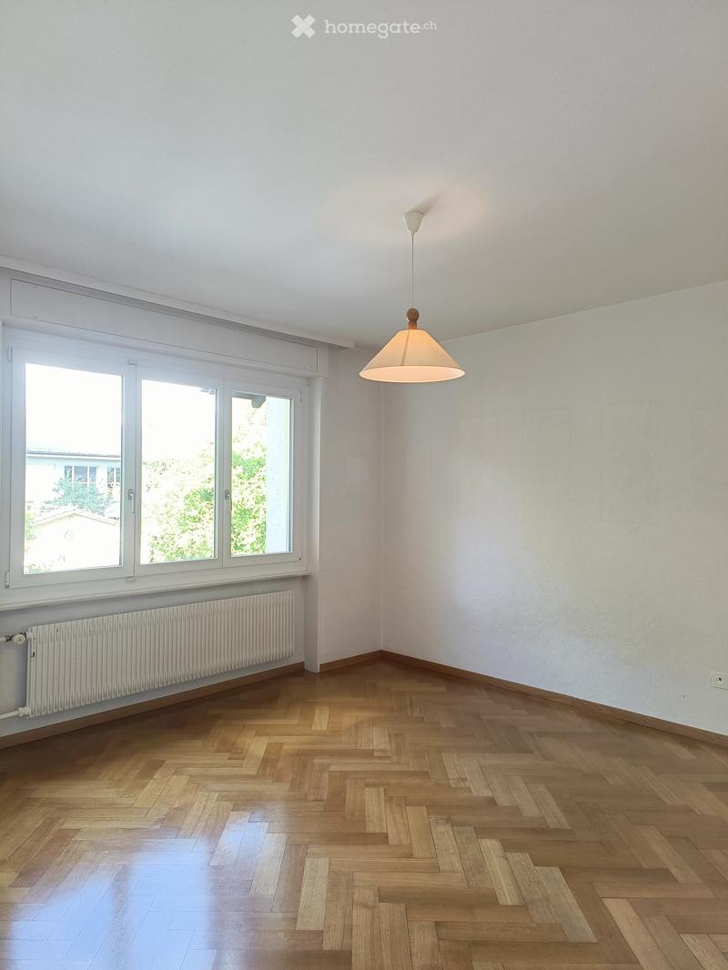 Empty room with wooden herringbone flooring, white walls, large windows, radiator, and a single hanging lamp.