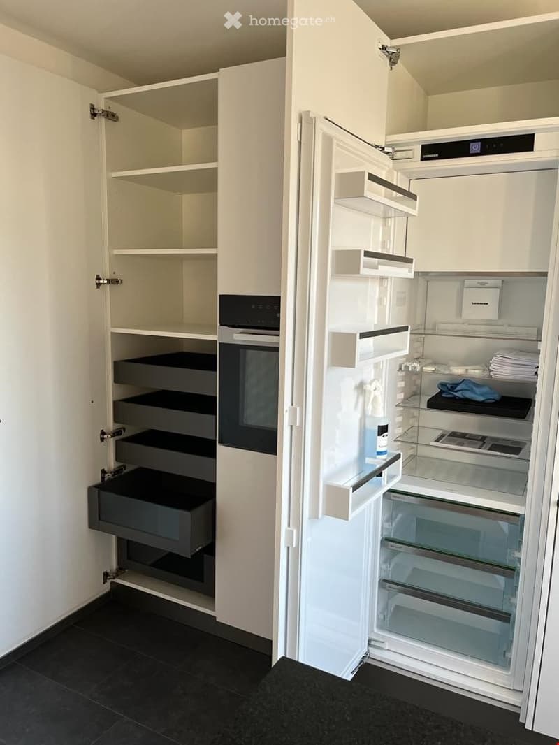 Modern kitchen with white cabinets, an open refrigerator, and a built-in oven. The refrigerator door is open, revealing shelves and compartments.
