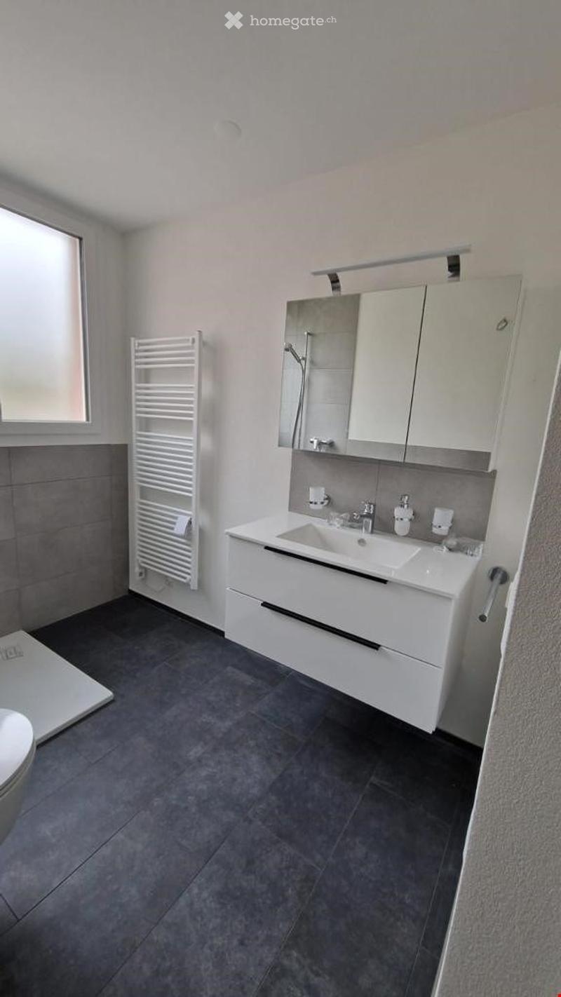 Modern bathroom with a white sink, mirrored cabinet, towel rack, and a toilet. The space features grey tiles on the floor and walls, and a window providing natural light.