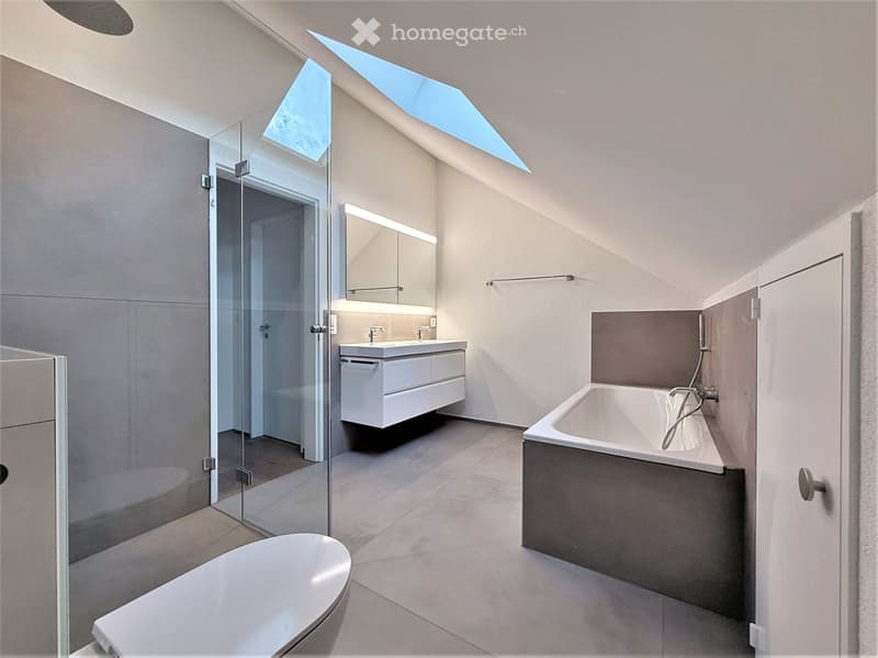 Modern bathroom with a bathtub, toilet, sink, and mirror. Features a glass shower enclosure and skylight windows.