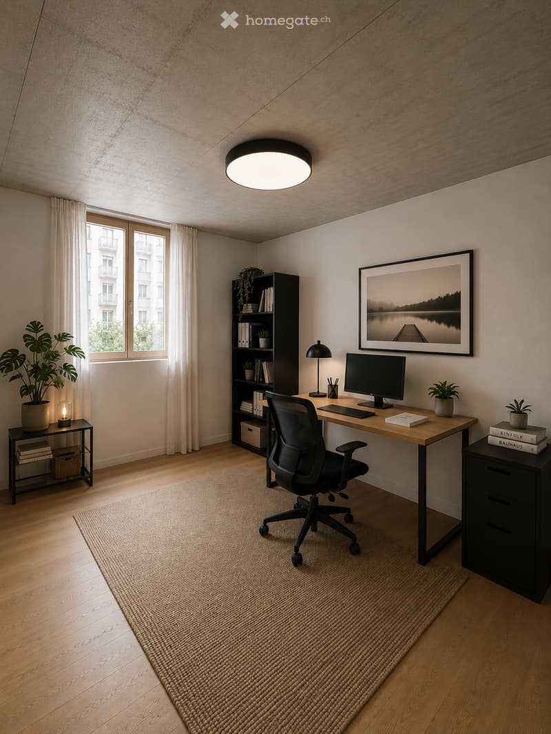 Modern, well-lit study or home office with a wooden floor, large window, desk with computer, ergonomic chair, bookshelf, side table with plant, and a large area rug.
