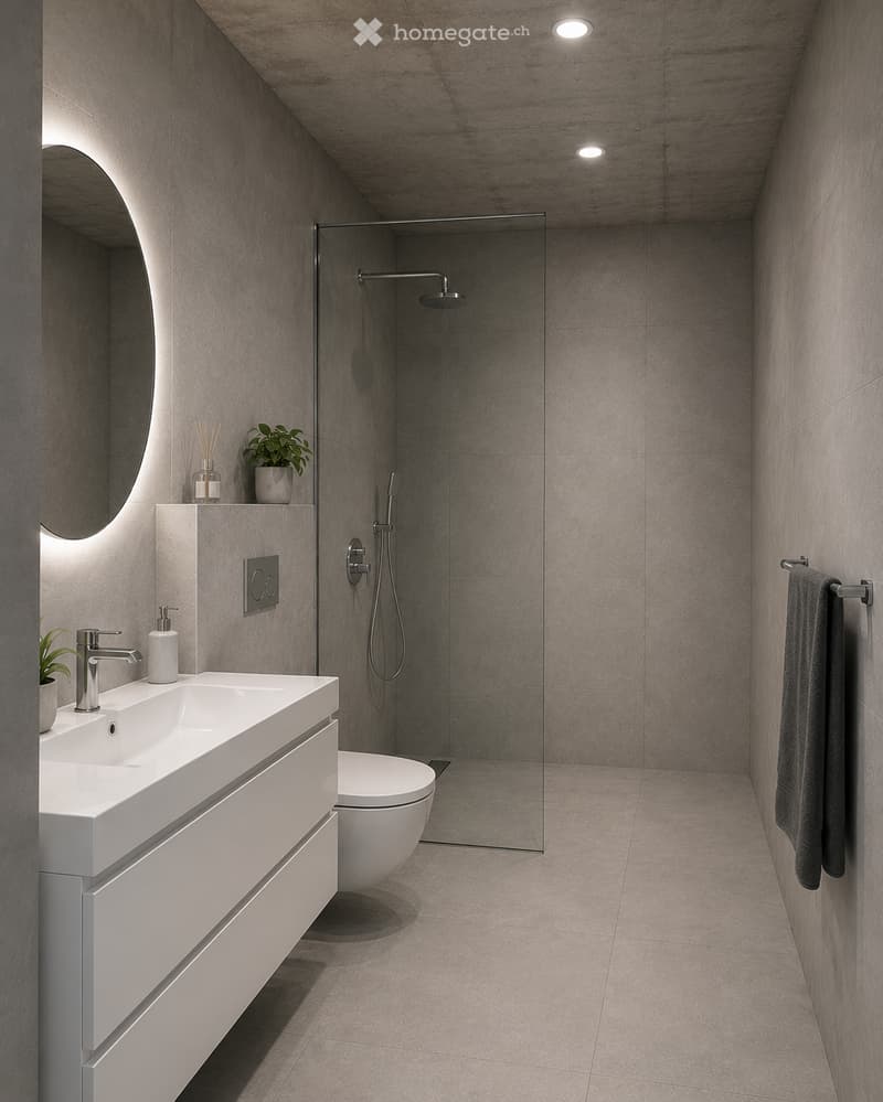Modern bathroom with a white sink, chrome faucet, large oval mirror, toilet, glass-enclosed shower, and towel rack with a grey towel. The space features grey tiled walls and floor, recessed lighting, and decorative plants on the sink counter.