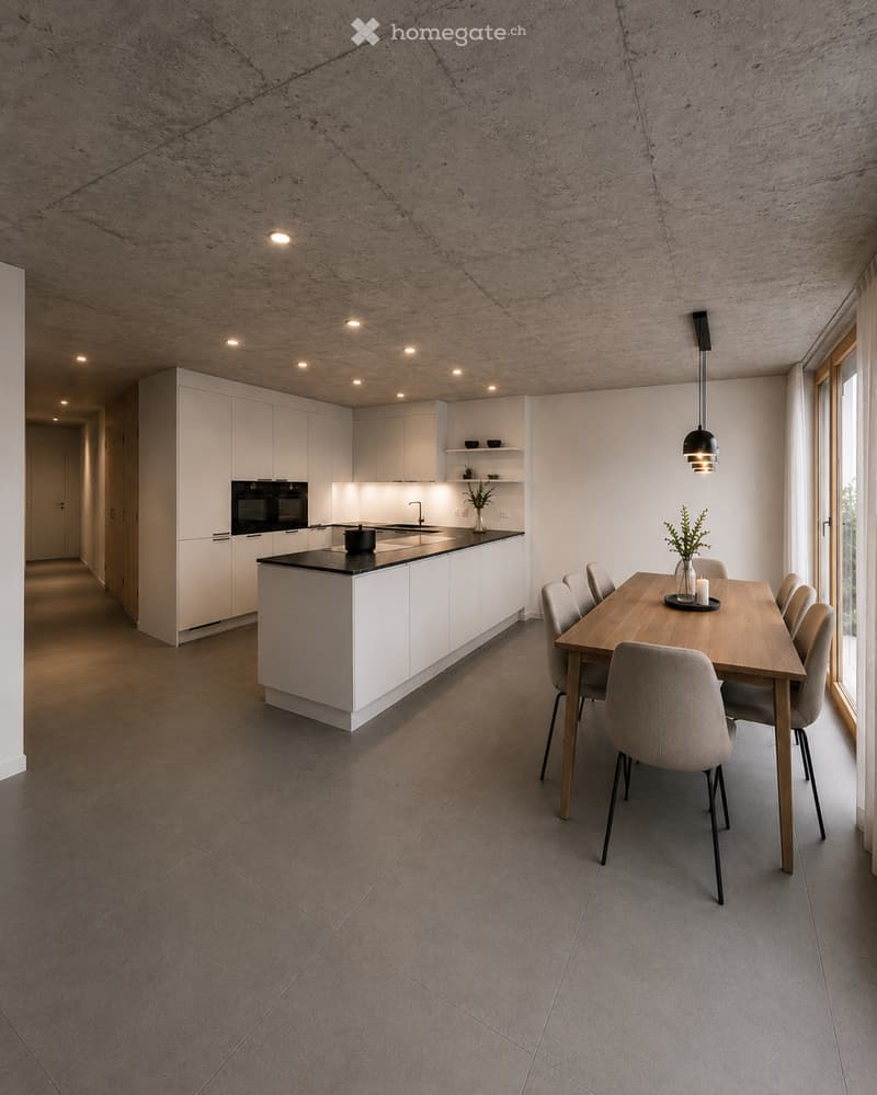 Modern kitchen with white cabinetry, island, sink, oven, and pendant light. Dining area includes a wooden table and chairs.