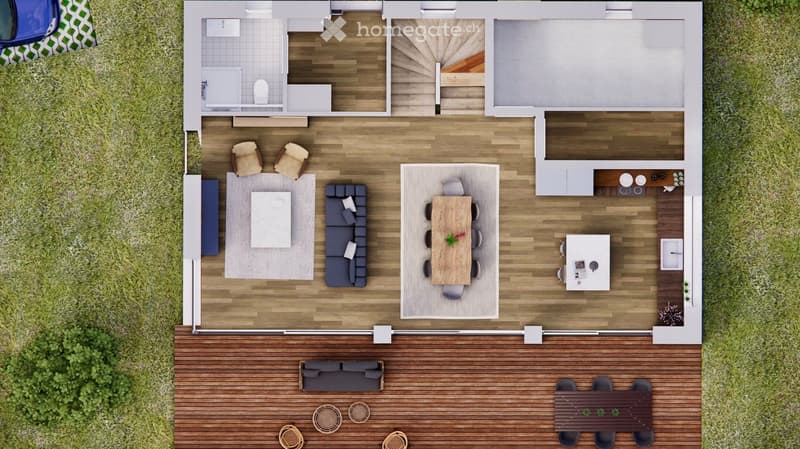 Top-down floor plan of a modern house with living room, dining area, kitchen, bedrooms, and a patio. Includes furniture like sofa, dining table, and outdoor seating.