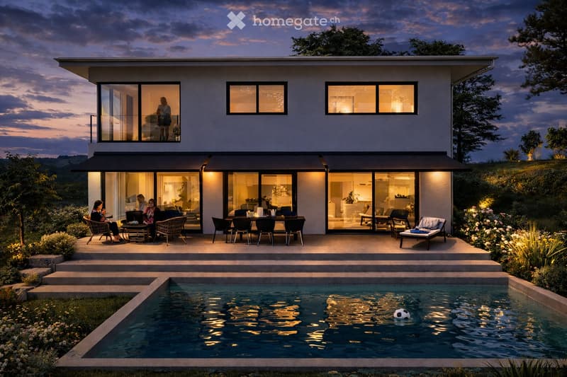 Modern two-story house with large glass windows and sliding doors, featuring a spacious outdoor patio with seating, a swimming pool, and well-maintained garden.
