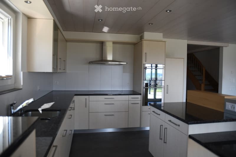 Modern kitchen with white cabinets, black countertops, stainless steel sink and faucet, built-in oven, and range hood. The space is well-lit with recessed ceiling lights and has a view through a large window.
