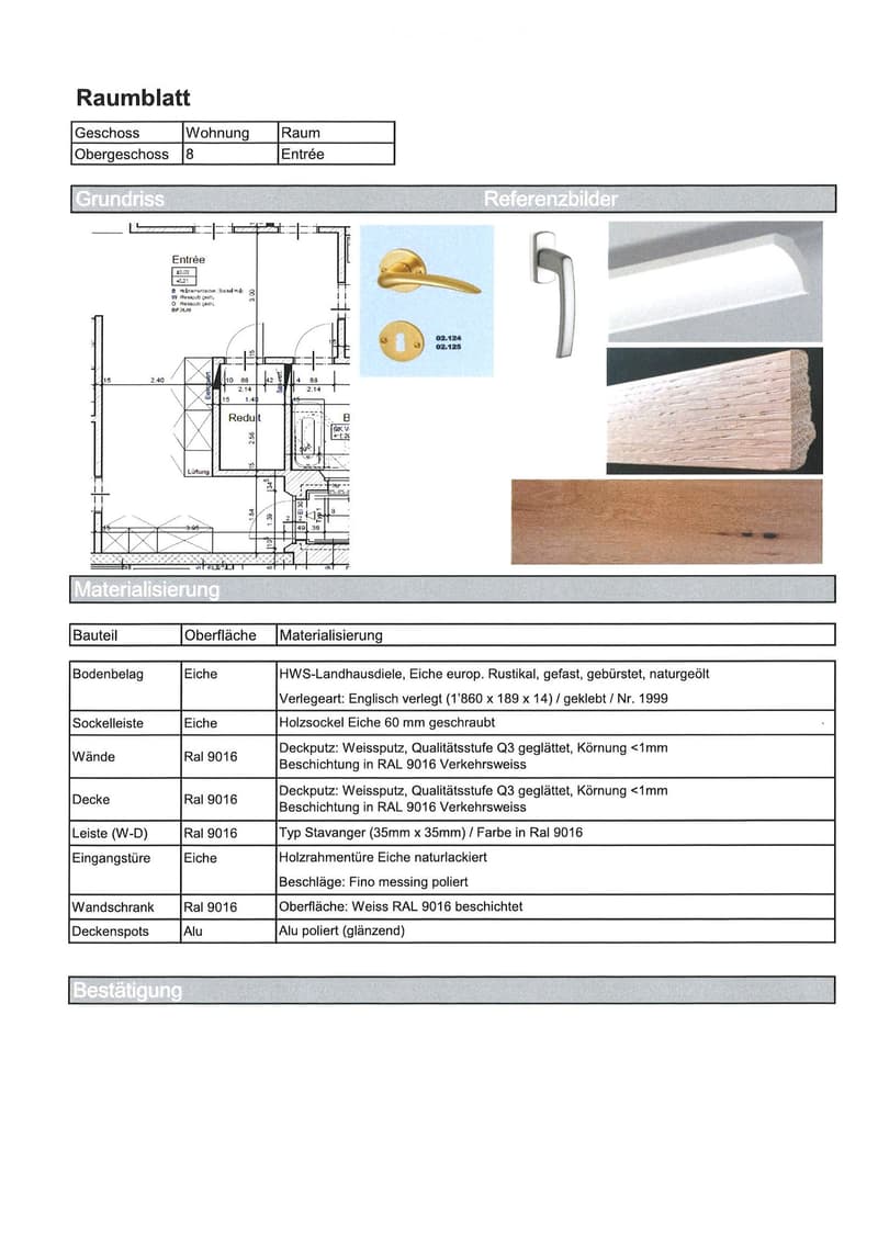 Floor plan of an entrance area on the upper floor, showing dimensions, materials, and specifications for flooring, walls, ceiling, and door hardware.