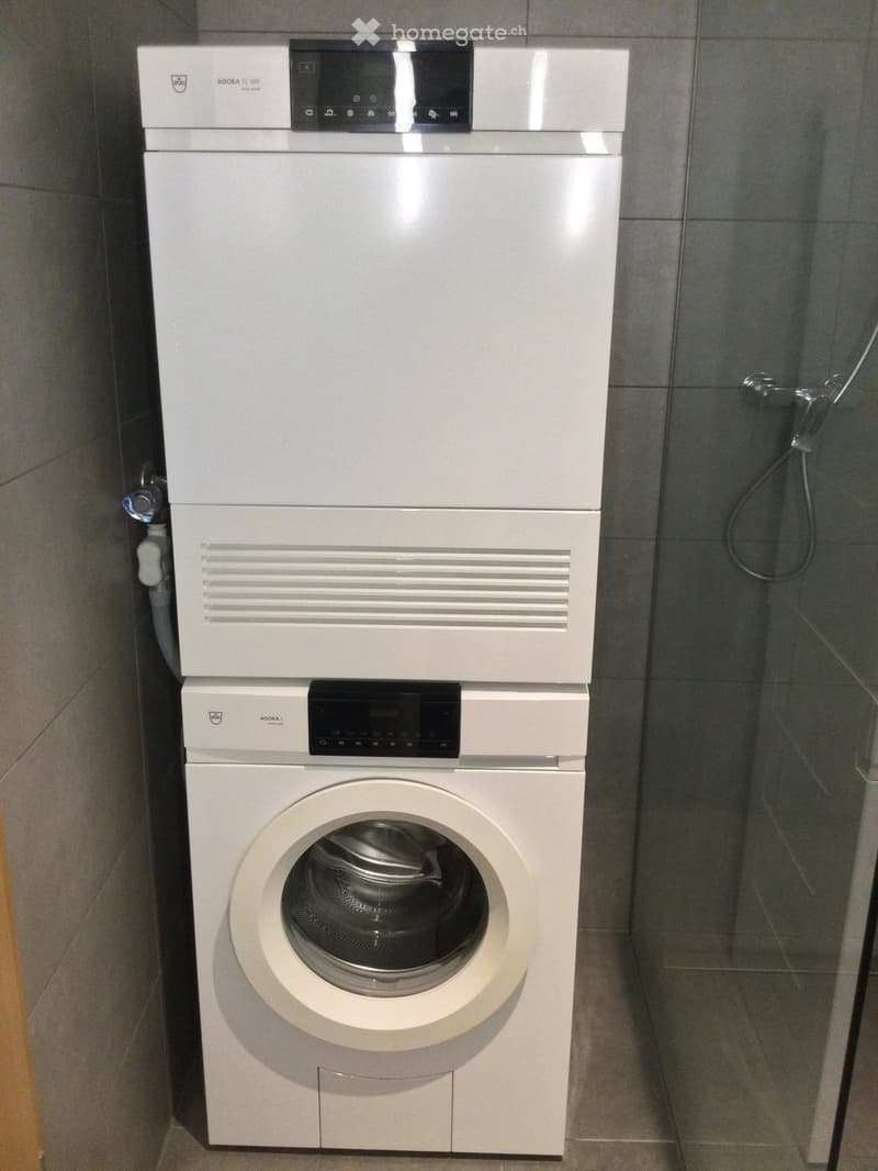 Modern bathroom with a white stacked washing machine and dishwasher unit, glass shower enclosure, and tiled walls.