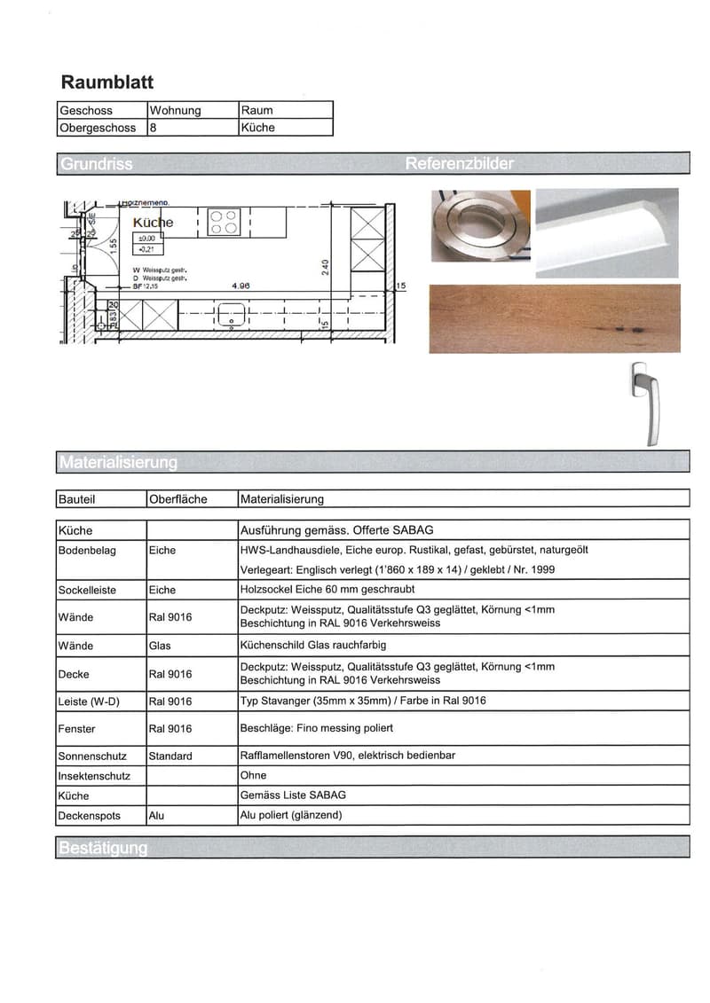 Floor plan of a kitchen on the upper floor, showing dimensions, materials, and specifications for surfaces, flooring, walls, ceiling, and fixtures.