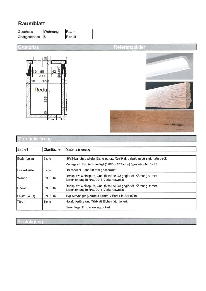 Floor plan of a room labeled 'Reduit' on the upper floor, showing dimensions and material specifications for flooring, walls, ceiling, baseboards, and doors.