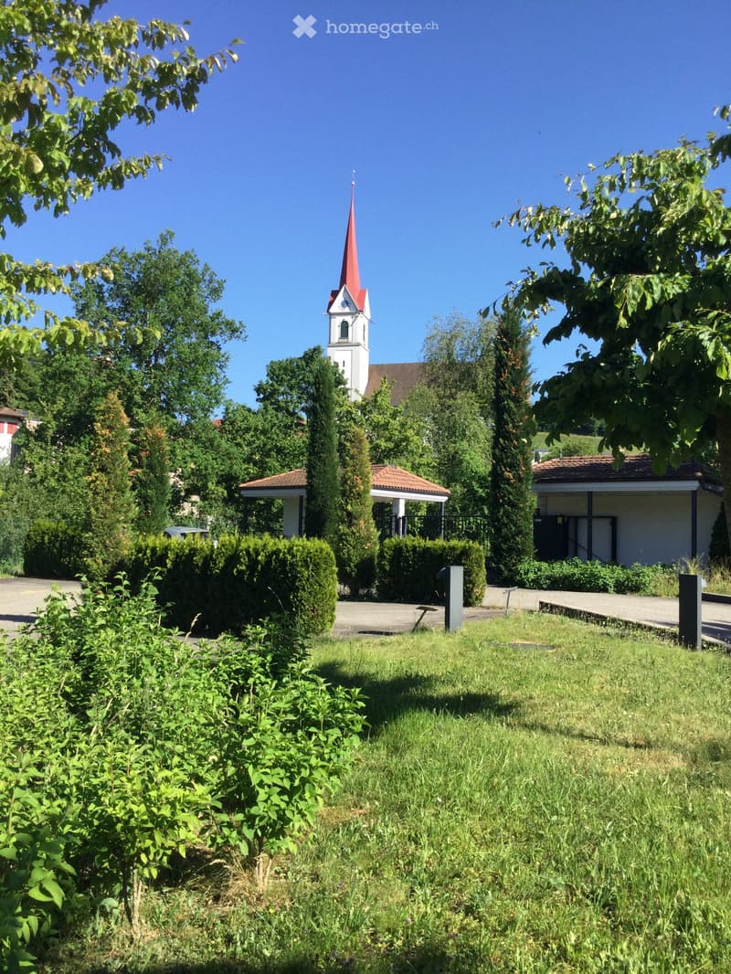 A grassy area with trees and bushes, featuring a church with a red spire in the background.