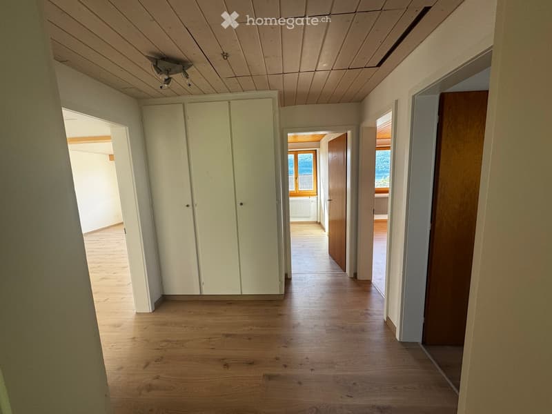 Corridor / Hallway. Empty hallway with wooden flooring, white walls, and several doors leading to other rooms.