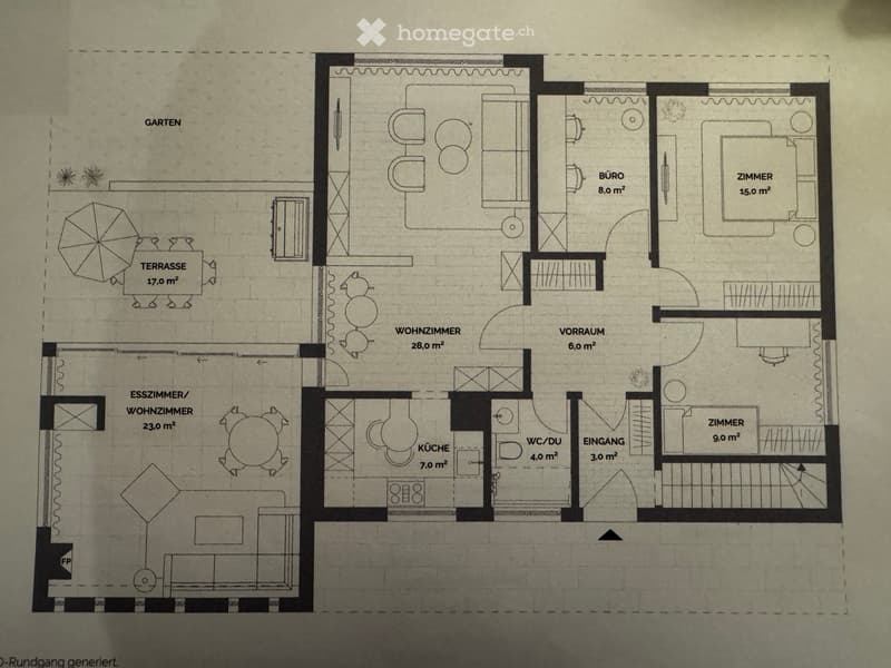 Floor Plan. Floor plan showing a3-room apartment with a kitchen, living room, bedroom, office, hallway, entrance, and bathroom. Includes a terrace and garden area.