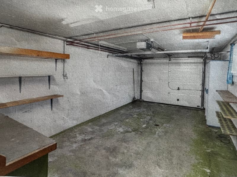 Unfurnished Room. Empty basement space with concrete walls and floor, wooden shelves, exposed pipes, and a closed garage door.
