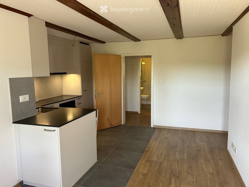 Modern kitchen with white cabinets, black countertop, and a visible bathroom with a toilet through an open wooden door.