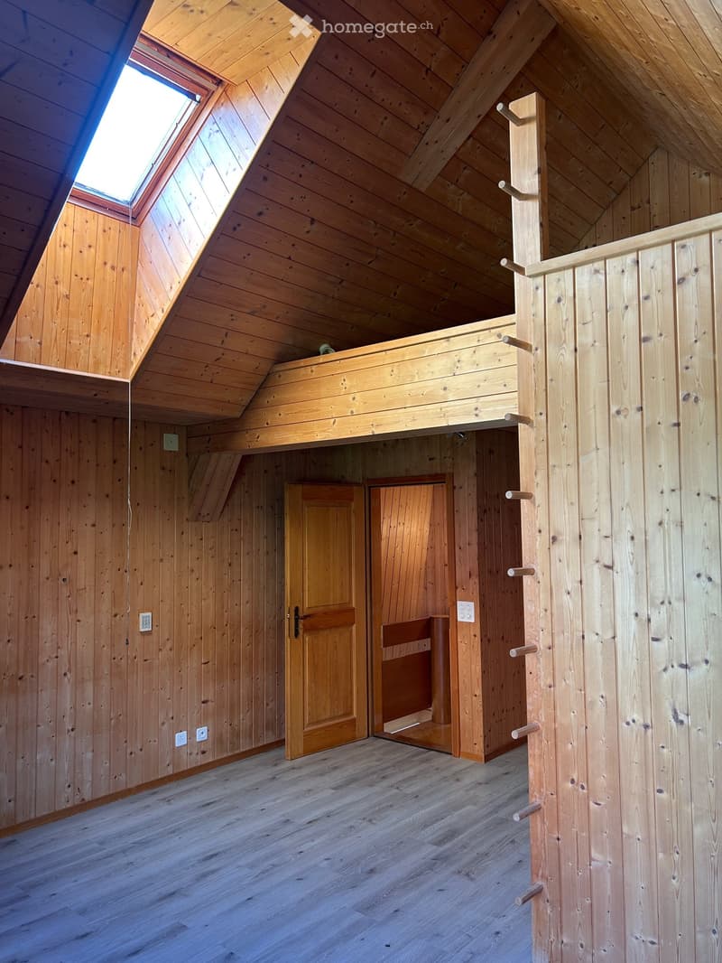 Empty wooden room with exposed beams, skylight, and built-in loft area. Features wooden walls, floor, and doors.