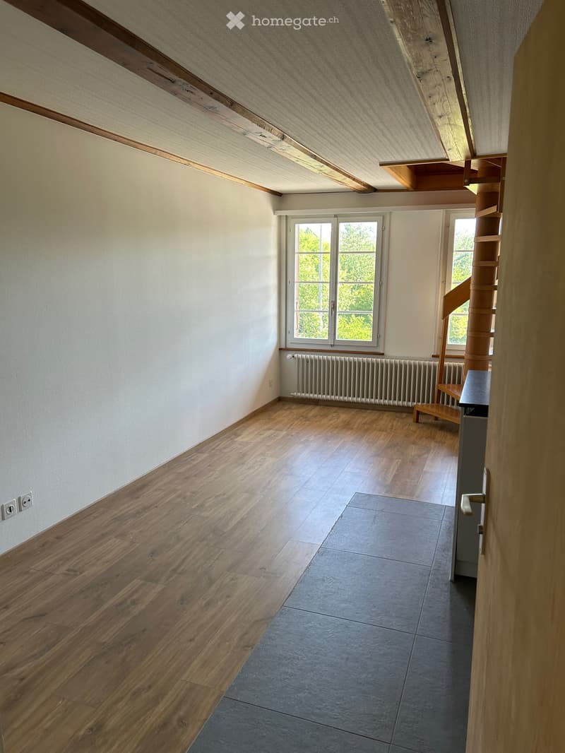 Empty room with wooden flooring, white walls, and a staircase leading upwards. Features a window with a view of greenery and a radiator below it.