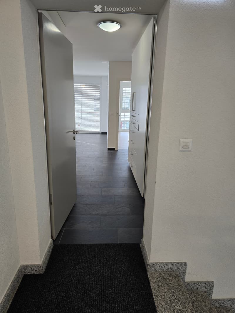 Clean, modern hallway with dark tiled floor, white walls, and a ceiling light. Features a partially open door leading to another room and a staircase with granite steps.