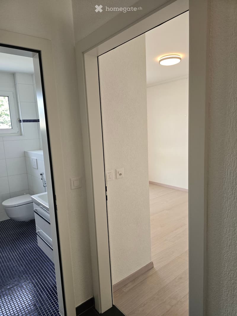 A hallway with light wooden flooring and white walls, leading to a modern bathroom with a toilet, sink, and shower area.