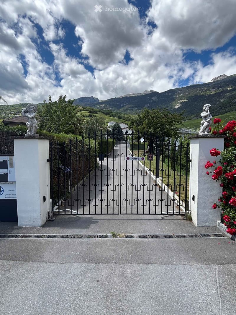 A large gated entrance with ornate black metal gates, flanked by white stone pillars with decorative statues and red flowers, leading to a driveway with a scenic mountain backdrop.