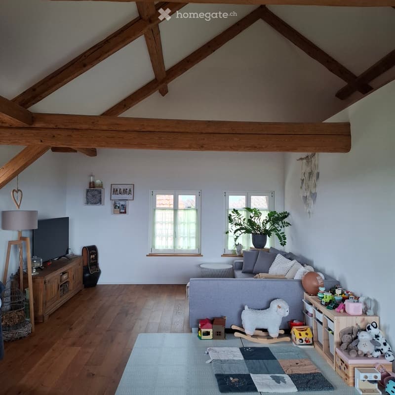 Living Room. A cozy living room with exposed wooden beams, a grey sofa, a coffee table, a rocking horse, and various toys scattered around. The room features wooden flooring, large windows with green curtains, and a decorative wall hanging.