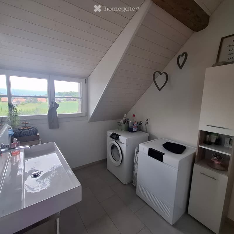 Bathroom. Bright bathroom with a large window offering a scenic view, featuring a modern sink, washing machine, dishwasher, and storage cabinet.