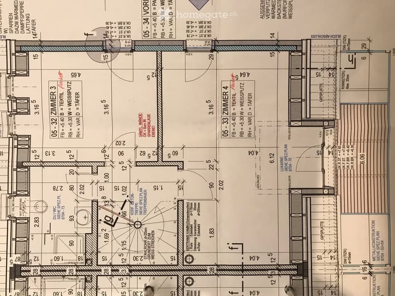 Floor plan showing two bedrooms, a hallway, and a bathroom with labeled dimensions and construction details.