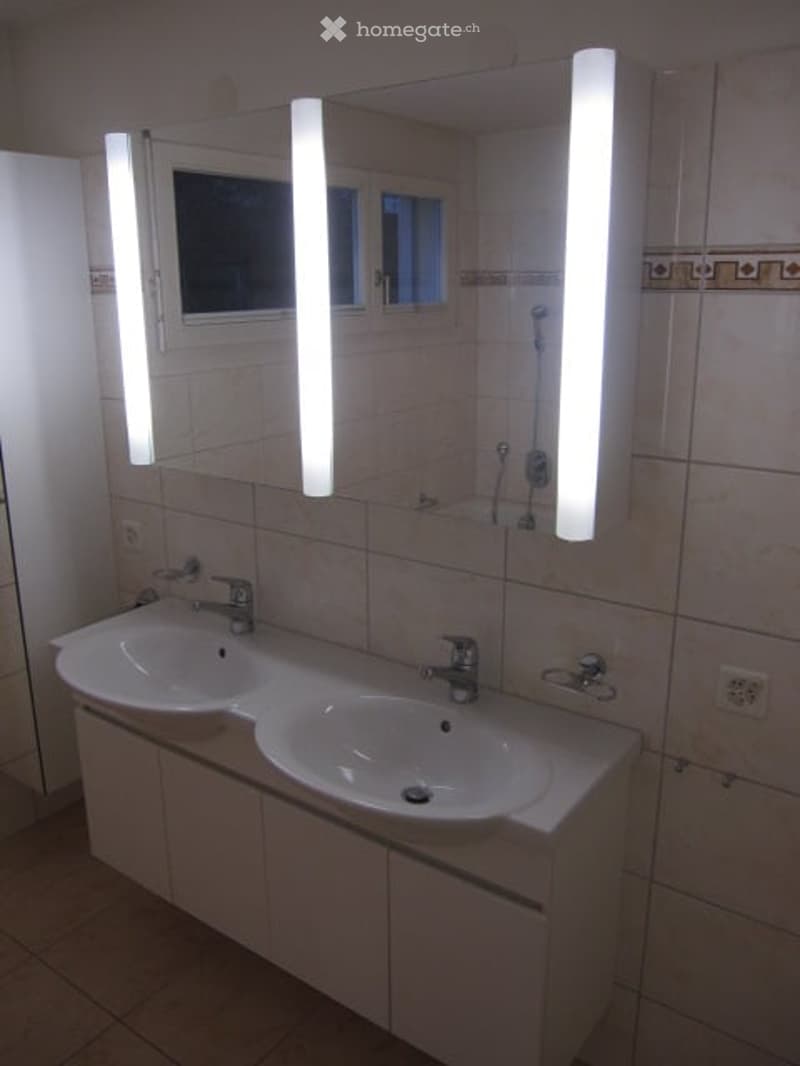 Modern bathroom with double sink vanity, sleek faucets, large mirror, and built-in cabinets.