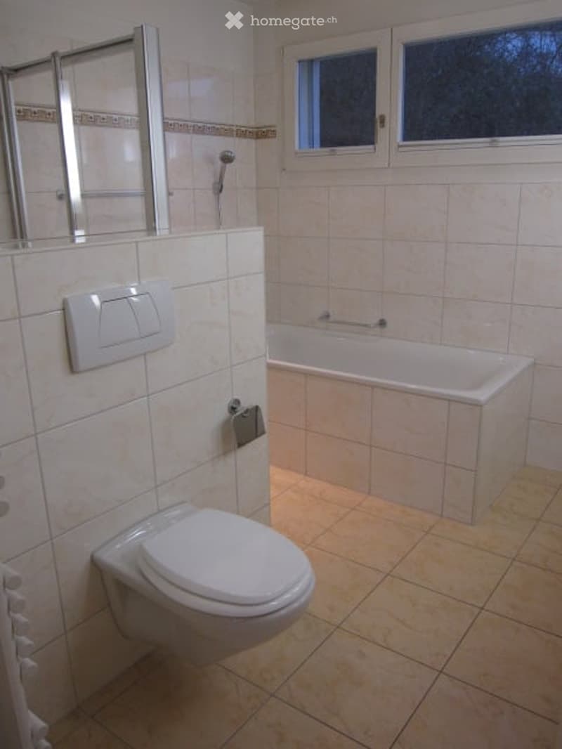 Modern bathroom with white tiles, a toilet, a bathtub, a shower, and a mirror above the sink.