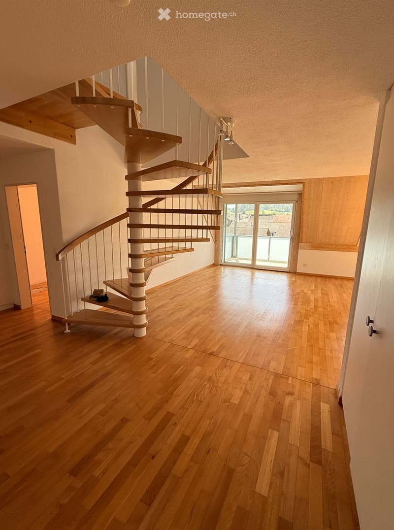 Spacious hallway with wooden flooring, a modern spiral staircase, and large glass doors leading to an outdoor area.