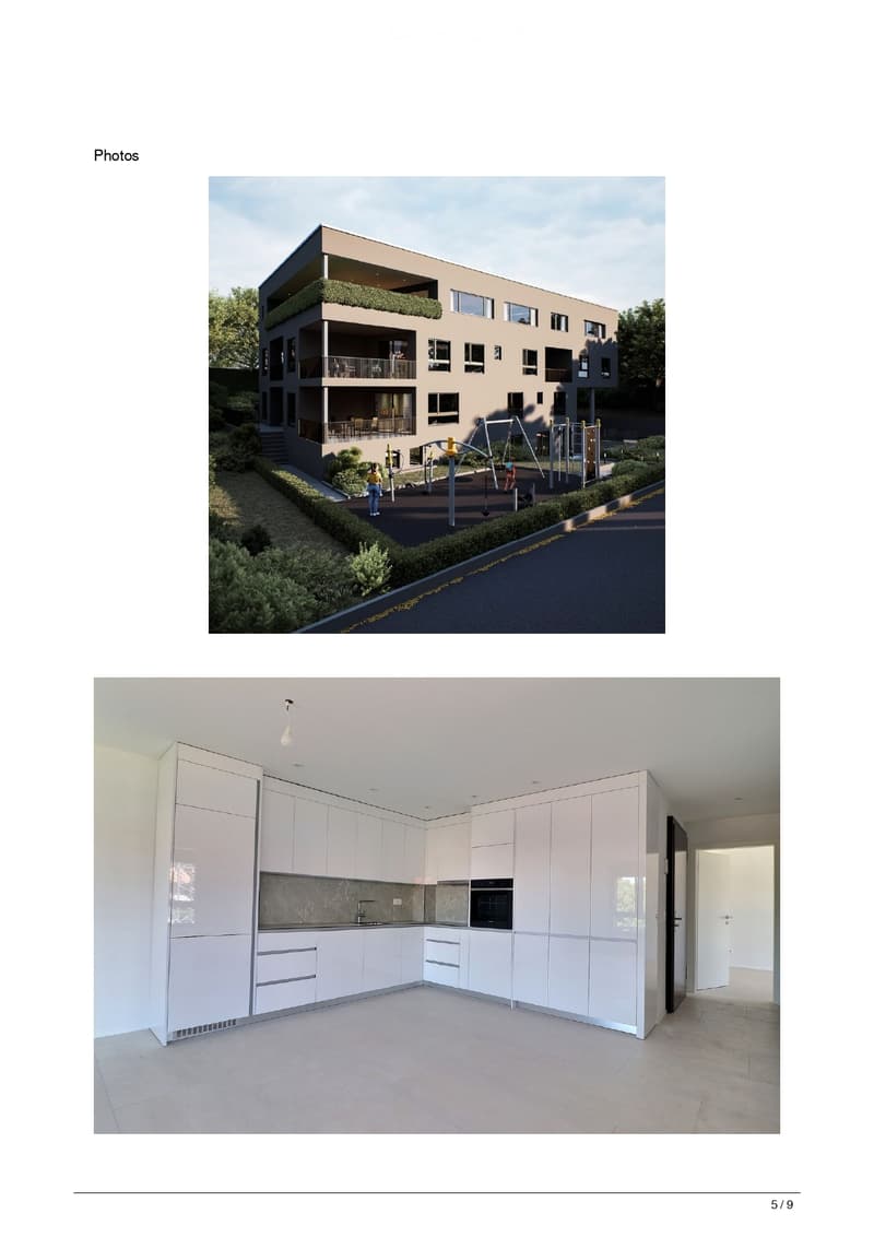 Modern multi-story residential building with balconies, greenery on the roof, and a playground area in front.