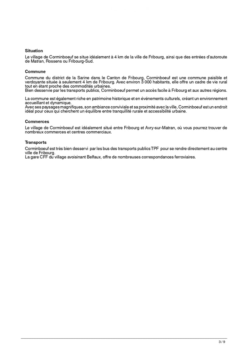 Text-based document describing the village of Corminboeuf, its location, community, commerce, and transport options.