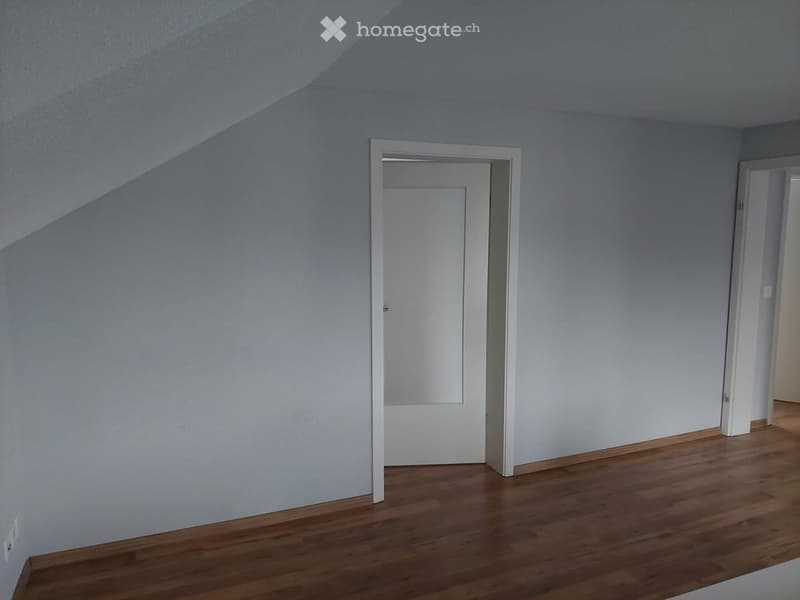 Empty room with light grey walls and wooden flooring, featuring two white doors and a slanted ceiling.
