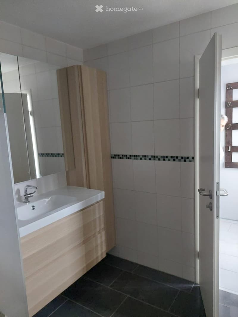 Modern bathroom with a white sink, wooden cabinet, and mirror. The walls are tiled in grey with a decorative border near the top.