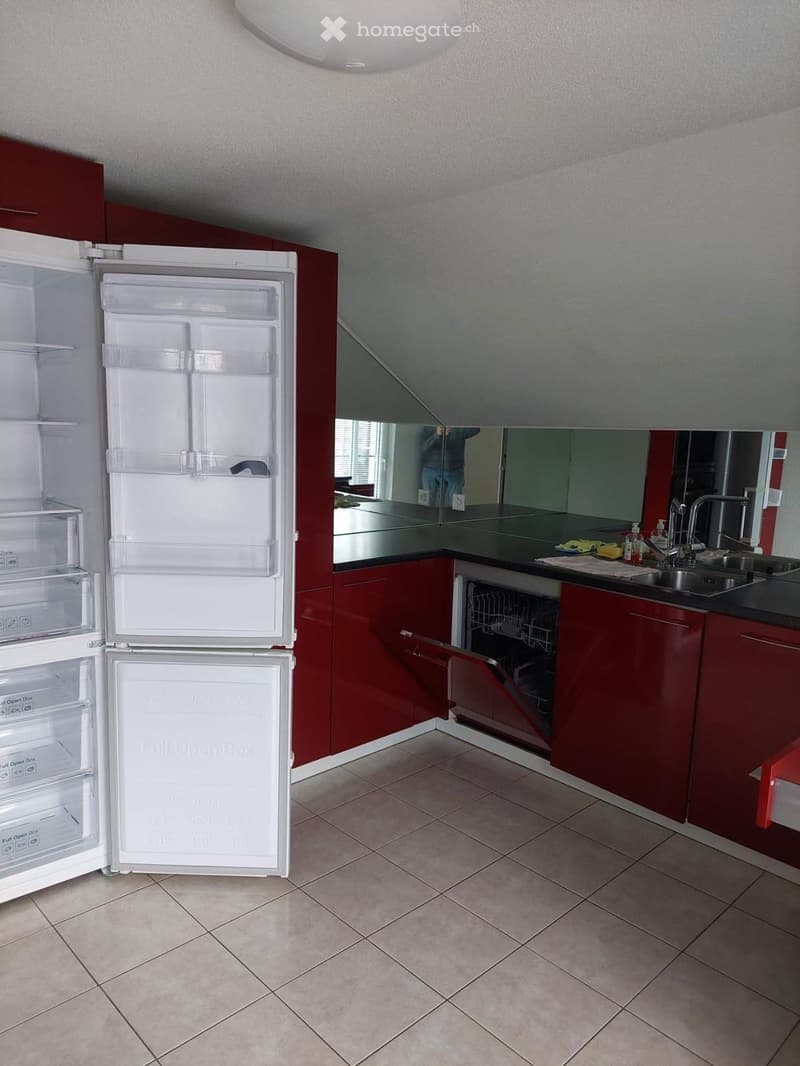 Modern kitchen with red cabinets, white refrigerator, dishwasher, and sink area.