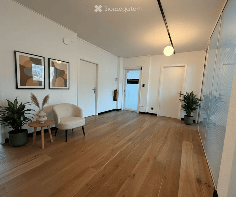 A modern hallway with wooden flooring, white walls, and several doors leading to different rooms. There is a small seating area with a chair, table, and vase, along with potted plants on either side.