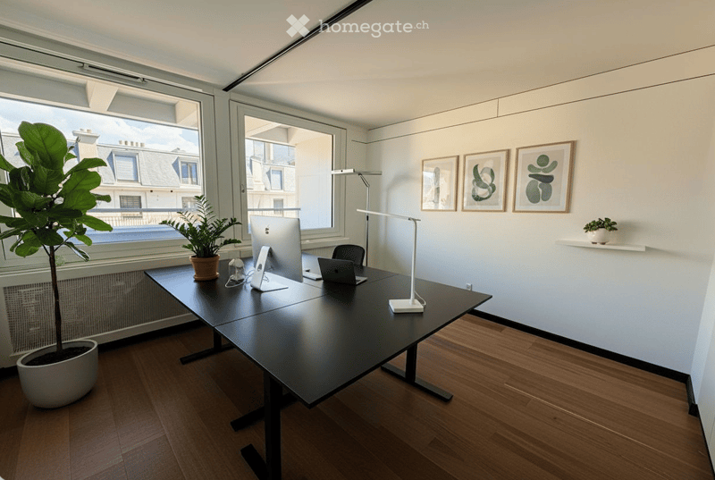 Modern office space with a large black table, laptop, monitor, chair, lamp, potted plants, and framed artwork on the wall.