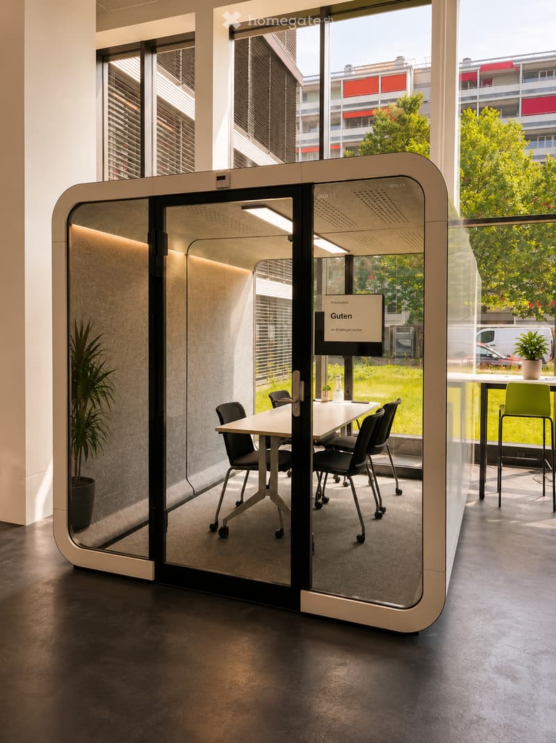 Modern office space with a glass door, a small meeting table with chairs, a potted plant, and a digital screen displaying a greeting.