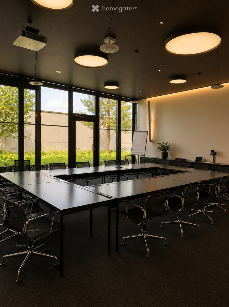 Modern conference room with large windows, black tables, black chairs, a screen, and a small plant on a side table.