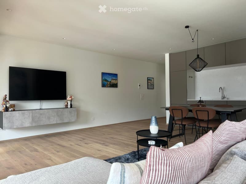 modern living room with wooden floor, gray couch, TV, dining table, chairs, kitchen area
