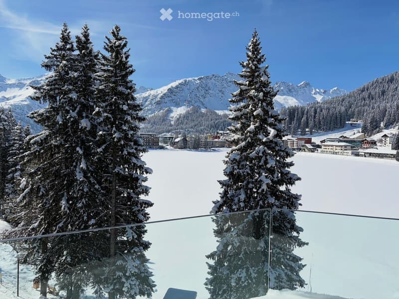 Balcony with glass railing, snowy pine trees, snowy mountains, town in the distance