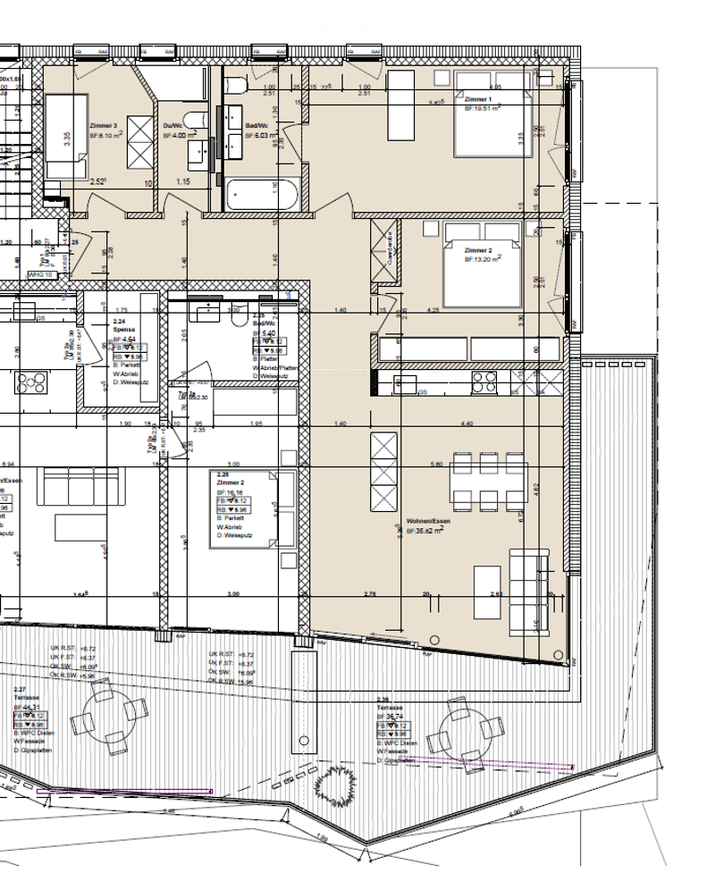 Living room, kitchen, 2 bedrooms, 2 bathrooms, balcony, terrace