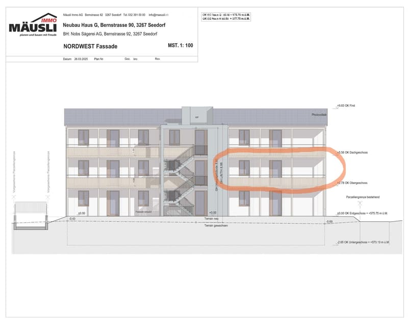 Architectural floor plan of a multi-story residential building, showing layout, windows, staircases, and elevation details.