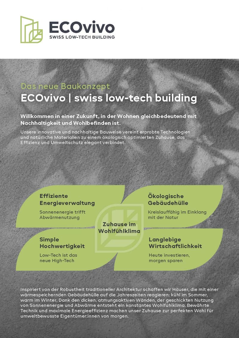 Promotional image for ECOVIVO Swiss low-tech building, highlighting sustainable construction and energy efficiency.