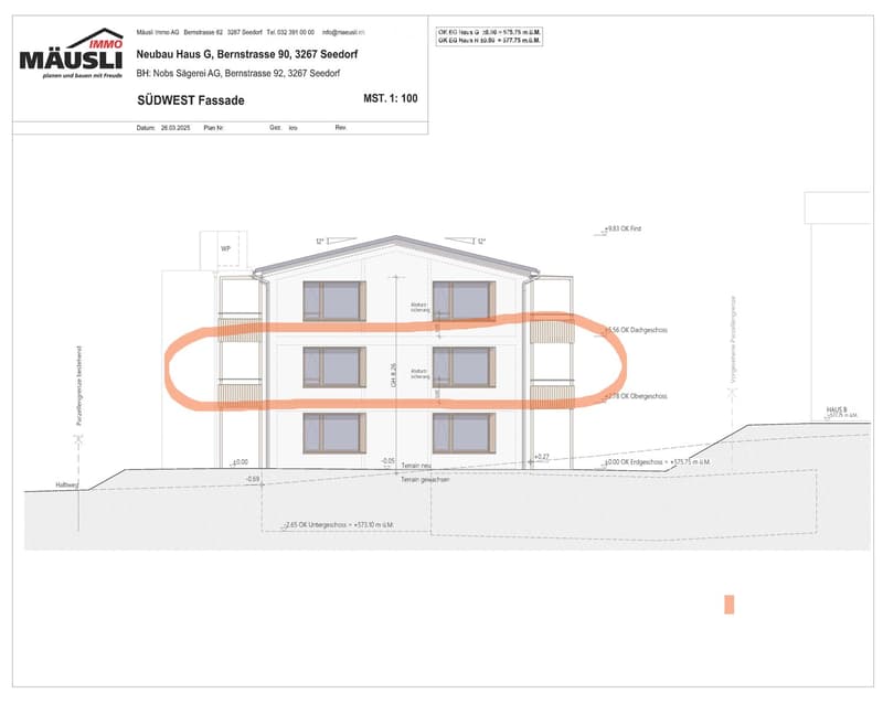 Architectural floor plan of a residential building showing elevations, floor levels, and structural details.